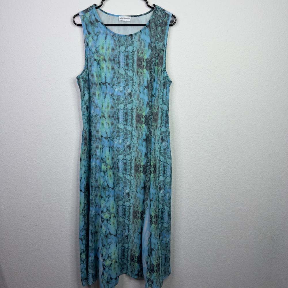 Long Elegant Legs Dress L Blue Abstract Chiffon Artsy Coastal Boho Whimsigoth